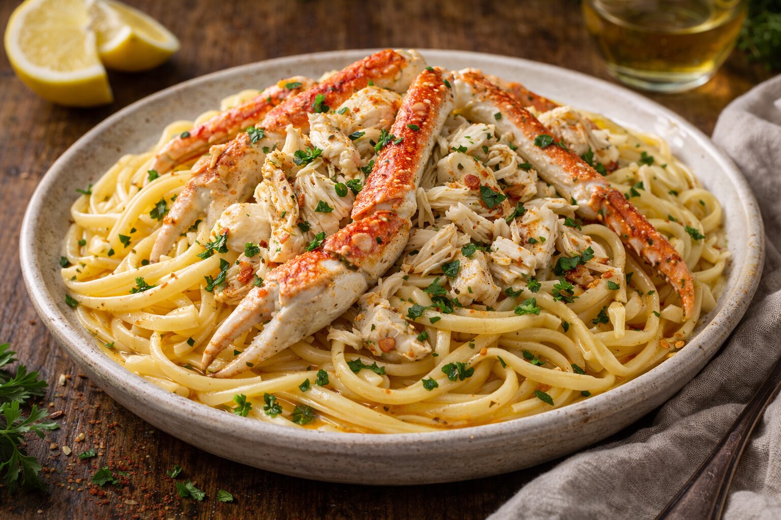 Snow Crab Linguine with White Wine Sauce